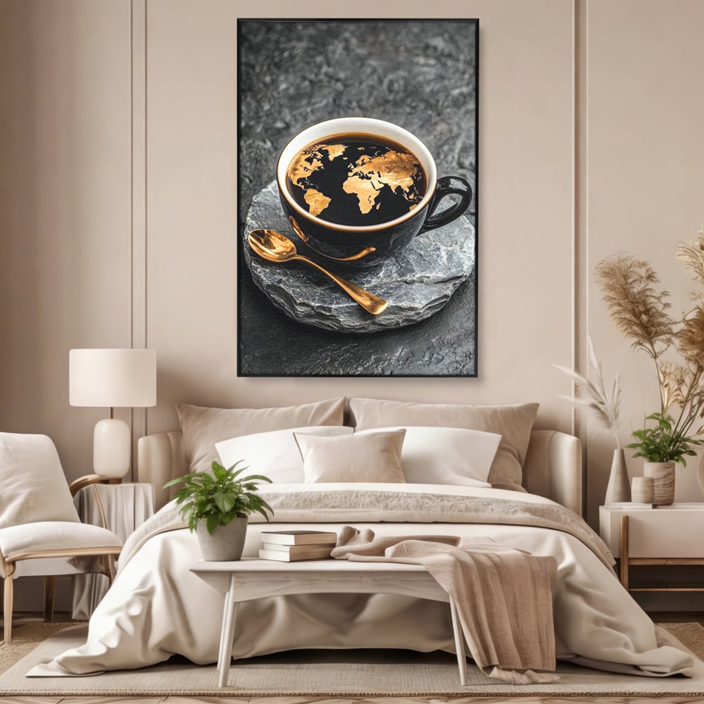 Tablou canvas cu tablou canvas cu ceasca de cafea si harta lumii, in rama de aluminiu negru, pe perete intr-un dormitor